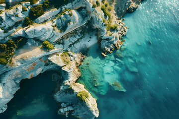 Aerial drone shot of island with jagged cliffs