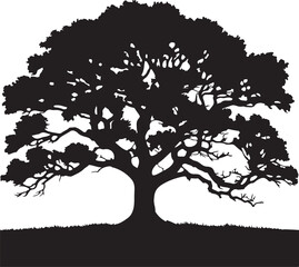 Silhouette of a Large Tree on Grassy Plain – Minimal Black and White Tree Illustration