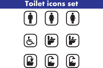 Toilet icons set, common male female restroom, handicap wheelchair access, sanitizer liquid soap, WC direction, baby changing table room, toilet signs, WC signs collection