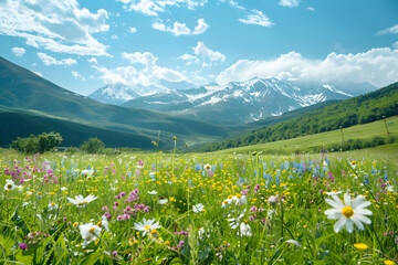 Alpine meadow with wildflowers and snow-capped
