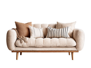 Beige sofa in boho style isolated on a white background. Generative AI illustration
