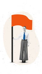 Surreal collage of confident woman holding red flag on neutral background. Concept of career...