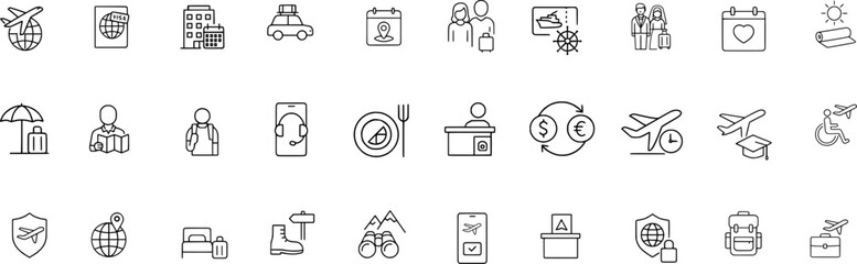 Travel and Tourism Stroke Icon Collection. Featuring Airplane, Booking, Hotel, Passport, Navigation, and Vacation Essentials. Editable Outline Icon Set.