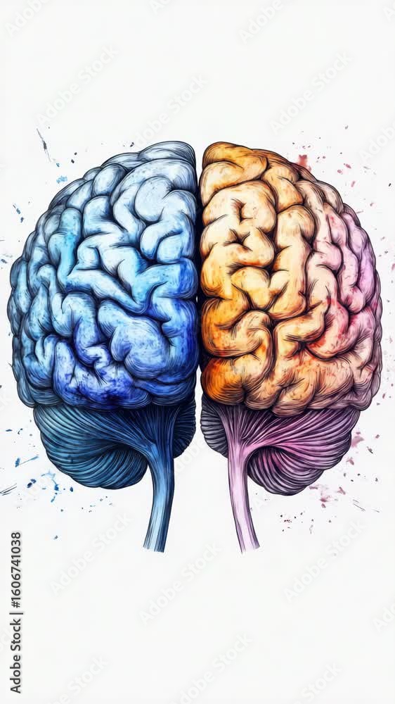 Poster Colorful brain half-split, symbolizing the duality of cognitive functions.