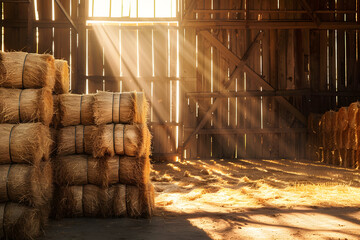 Barn interior with neatly stacked hay bales warm