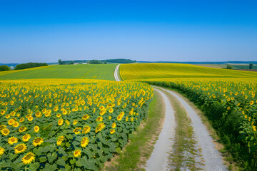 Backroad winding through sunflower fields under