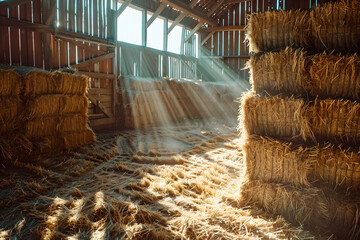 Barn interior with neatly stacked hay bales warm