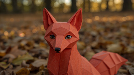 Origami fox figurine amidst autumn leaves in forest