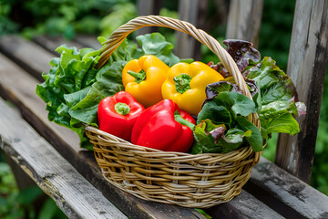 Basket of colorful bell peppers and leafy greens