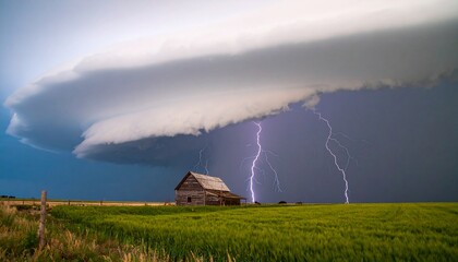An immense supercell thunderstorm unleashes powerful lightning strikes over a solitary rustic barn in a vast green field.