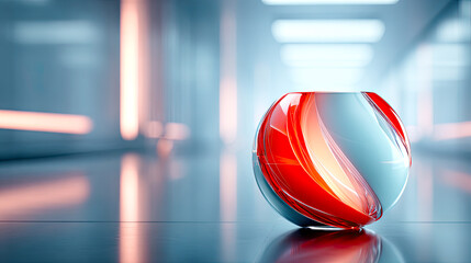 Einzelnes futuristisches Keramikobjekt, präsentiert in minimalistischer Architektur mit ruhiger Lichtführung. Ideal für Editorials, Interior-Designs 