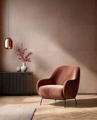 Modern  interior in minimalist style with red armchair, simple home decor. Generative AI illustration.