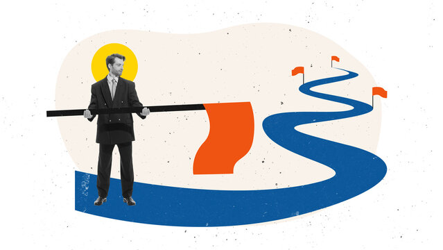 Collage of businessman planting red flag on winding road with blue path. Concept of personal goal setting, leadership motivation, business coaching, and career milestone.
