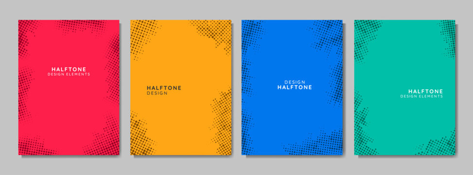 Vector illustration. Halftone dotted frame set. Design for poster, invitation, journal, flyer, coupon, book cover. Faded dots border on colored, vibrant background. Retro geometric banners collection - Powered by Adobe