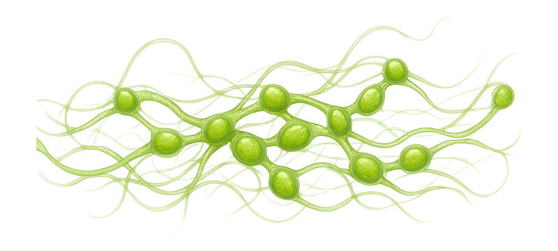 Moss protonema with thread-like filaments and chlorophyll-rich cells