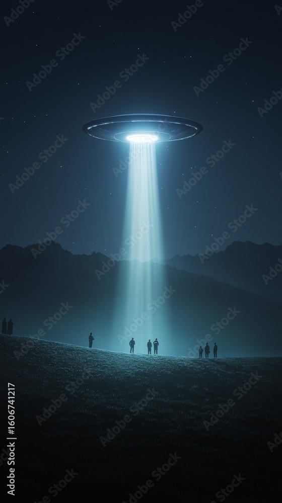 Poster glowing unidentified flying object hovering above a hilltop at night, illuminating observers and cre