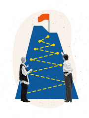 Contemporary collage of two people discussing steep path with flag and yellow route. Concept of...