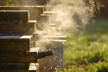 Beekeepers smoker emitting gentle smoke beside