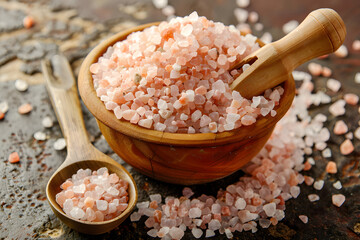 Bowl of pink himalayan salt with wooden scoop nat