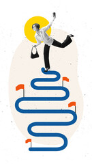Bold poster of smiling woman holding coffee on winding path with flags. Concept of career...