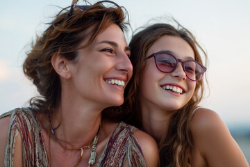 Fototapeta premium Close-up of a joyful mother and daughter smiling together outdoors, sharing a moment of happiness and connection