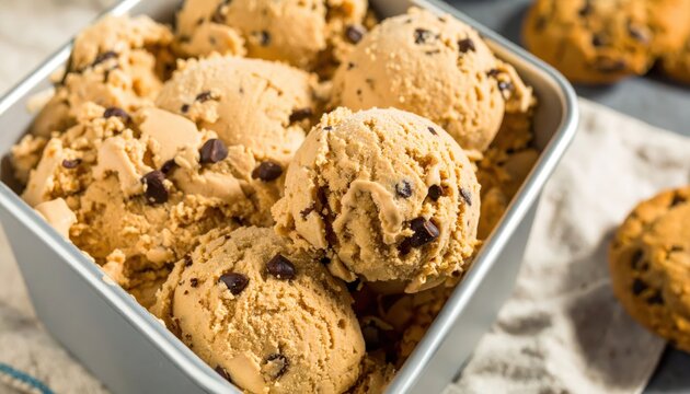 Creamy chocolate chip cookie dough ice cream in a metal container with cookies on the side, showcasing a delicious dessert treat