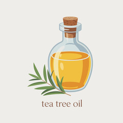 Glass bottle of golden tea tree oil with fresh green leaves