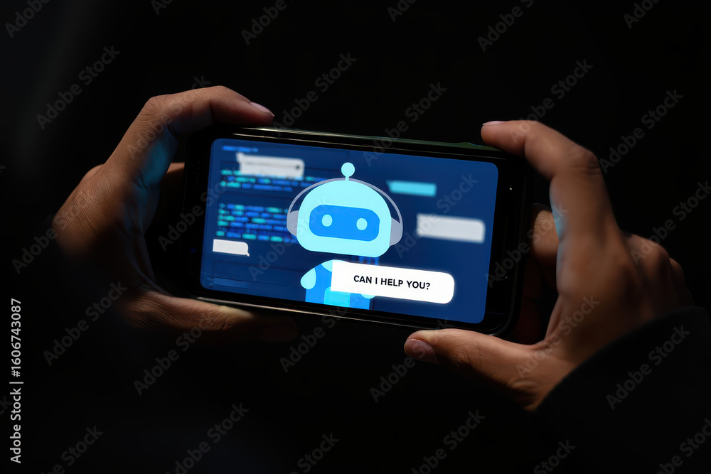 Aufkleber person holding smartphone displaying chatbot interface with the message can i help you