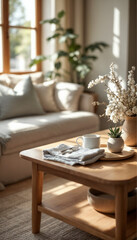 Minimalist wooden table in cozy, sunlit living room with soft decor.

