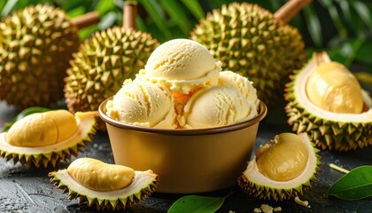 Creamy durian ice cream served in a bowl surrounded by fresh durian fruit and garnished with green leaves