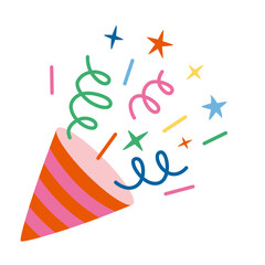 Colorful striped party popper with explosion streamers, confetti and stars,  symbol of celebration and joy. Trendy modern vector illustration isolated on white background, hand drawn, flat design