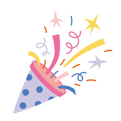 Colorful pastel party popper with stars, ribbons and confetti flying out, symbol of celebration and joy. Trendy modern vector illustration isolated on white background, hand drawn, flat design