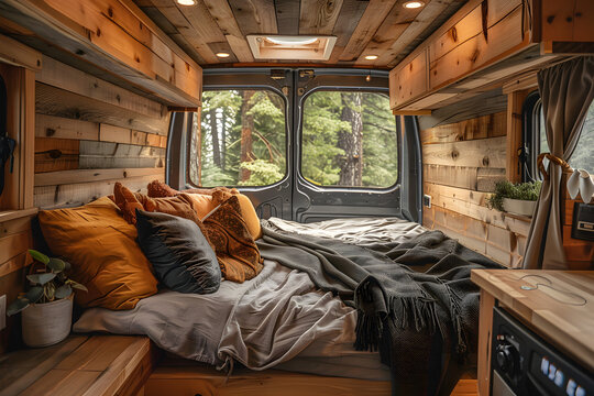 Custom built camper interior with wood paneling