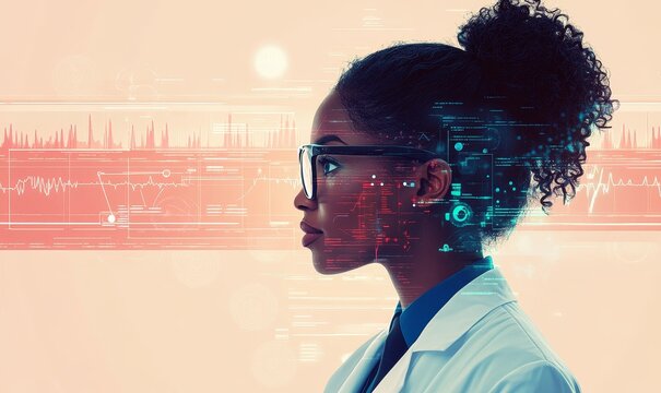 AI technology in healthcare illustration. Black African American female medical doctor analyzing data and information technology, augmented reality, artificial intelligence collage, Generative AI