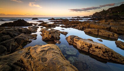 Tranquil seascape at sunset with golden light on coastal rocks and clear tide pools.