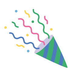 Colorful green and blue striped party popper with explosion streamers and confetti.  Fireworks shoot from cone. Trendy modern vector illustration isolated on white background, hand drawn, flat design