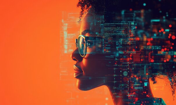 AI technology in healthcare illustration. Black African American female medical doctor analyzing data and information technology, augmented reality, artificial intelligence collage, Generative AI - Powered by Adobe