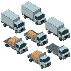 Collection of isometric delivery trucks and cargo vehicles in various configurations