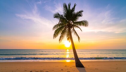 Serene tropical beach with a single palm tree silhouetted against a beautiful golden sunset over the calm ocean.
