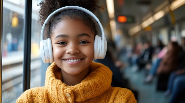 Happy young Black girl listening to music wearing white headphones on a train commuting to work. Candid elderly African American listening to podcasts, music, and audiobooks, Generative AI