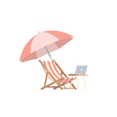 Relaxing beach vacation with laptop, striped lounge chair, and pink umbrella.