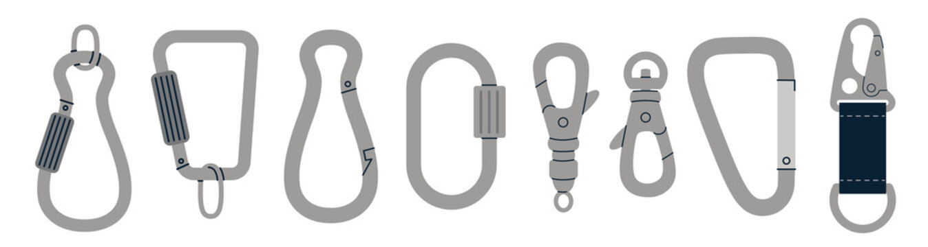 Set of metallic carabiners, clips and snap hooks for bags and keychains. Trendy modern vector illustration isolated on white background, hand drawn, flat design