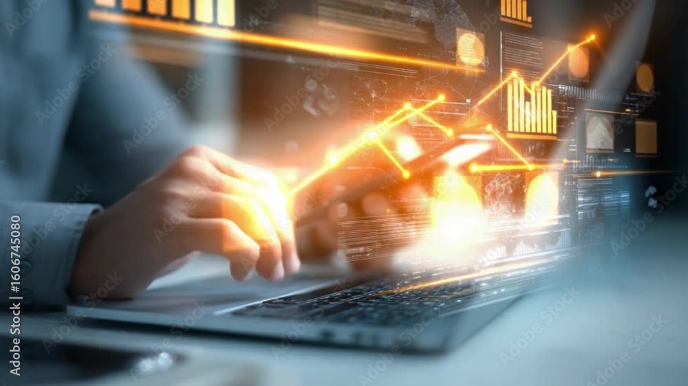 Poster close-up of hands using laptop with smartphone in modern digital environment for technology and comm