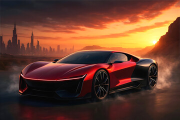 Luxury Red Sports Car, Modern Supercar Design, Automotive transportation, High Speed Performance Vehicle