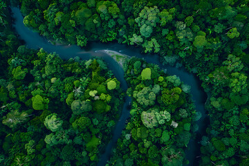 Endless forest canopy with winding river snaking
