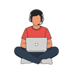 Young man works from home, using laptop and headset.