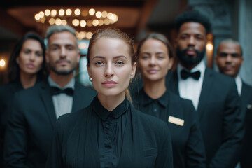 Confident diverse team of hospitality professionals dressed formally standing together in elegant setting