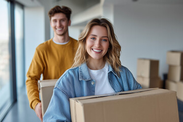 Happy young couple smiling while carrying cardboard boxes in their new home during moving day