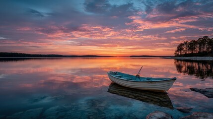 Tranquil Lake Sunset with Rowboat and Reflections