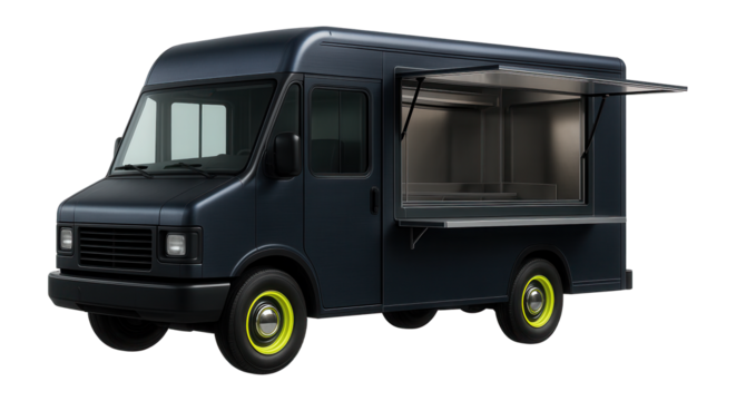 Food truck with a large front window and fold-out counter for orders